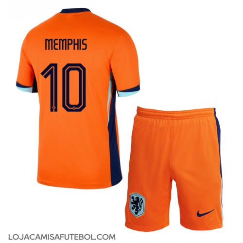 Camisa de Futebol Holanda Memphis Depay #10 Equipamento Principal Infantil Europeu 2024 Manga Curta (+ Calças curtas)